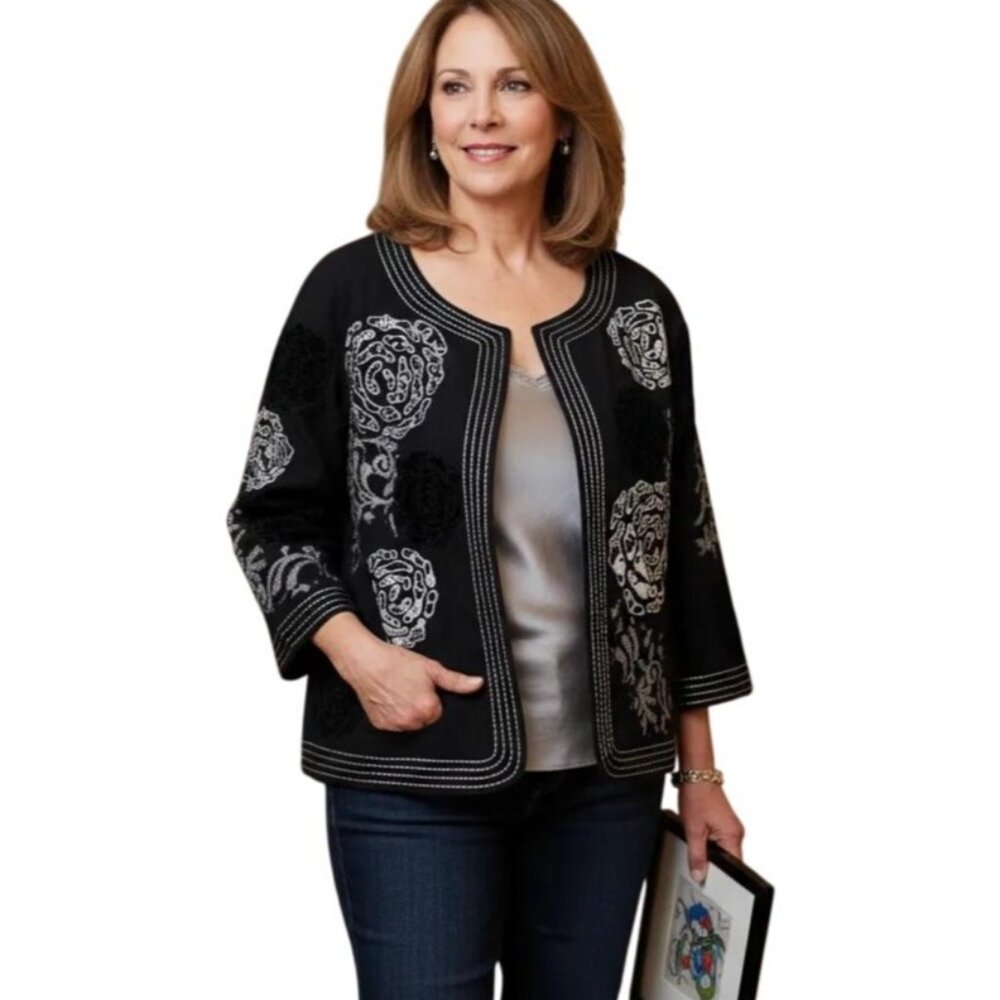 Choices Women's Boho Chic Floral Embroidery Open Front Black Jacket Women's L